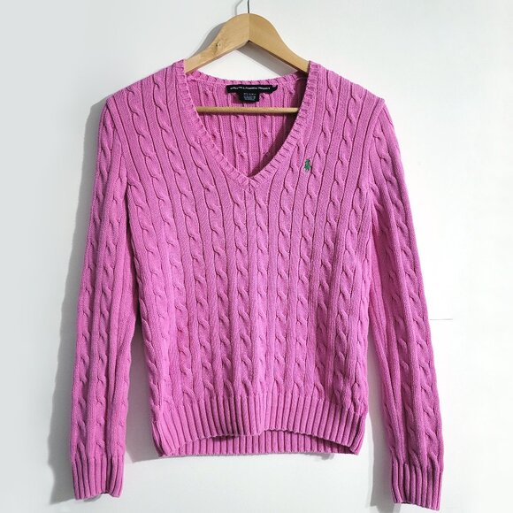 Ralph Lauren Sweaters - Ralph Lauren Sport Womens Cotton Cable Knit Sweater Size M Pink V-Neck Preppy